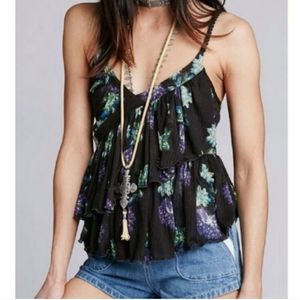 Free People Melbourne Cami Top Crop Flirty Tiered Ruffles Black Combo Small NWT